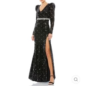 Mac Duggal Sequined Faux Wrap Puff Sleeve Trumpet Gown
